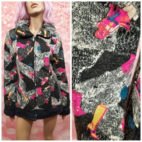 Vintage 80s 90s Pin Up Girl Print Jacket Coat Size M Charcoal Pink Simon Chang - Picture 1 of 12